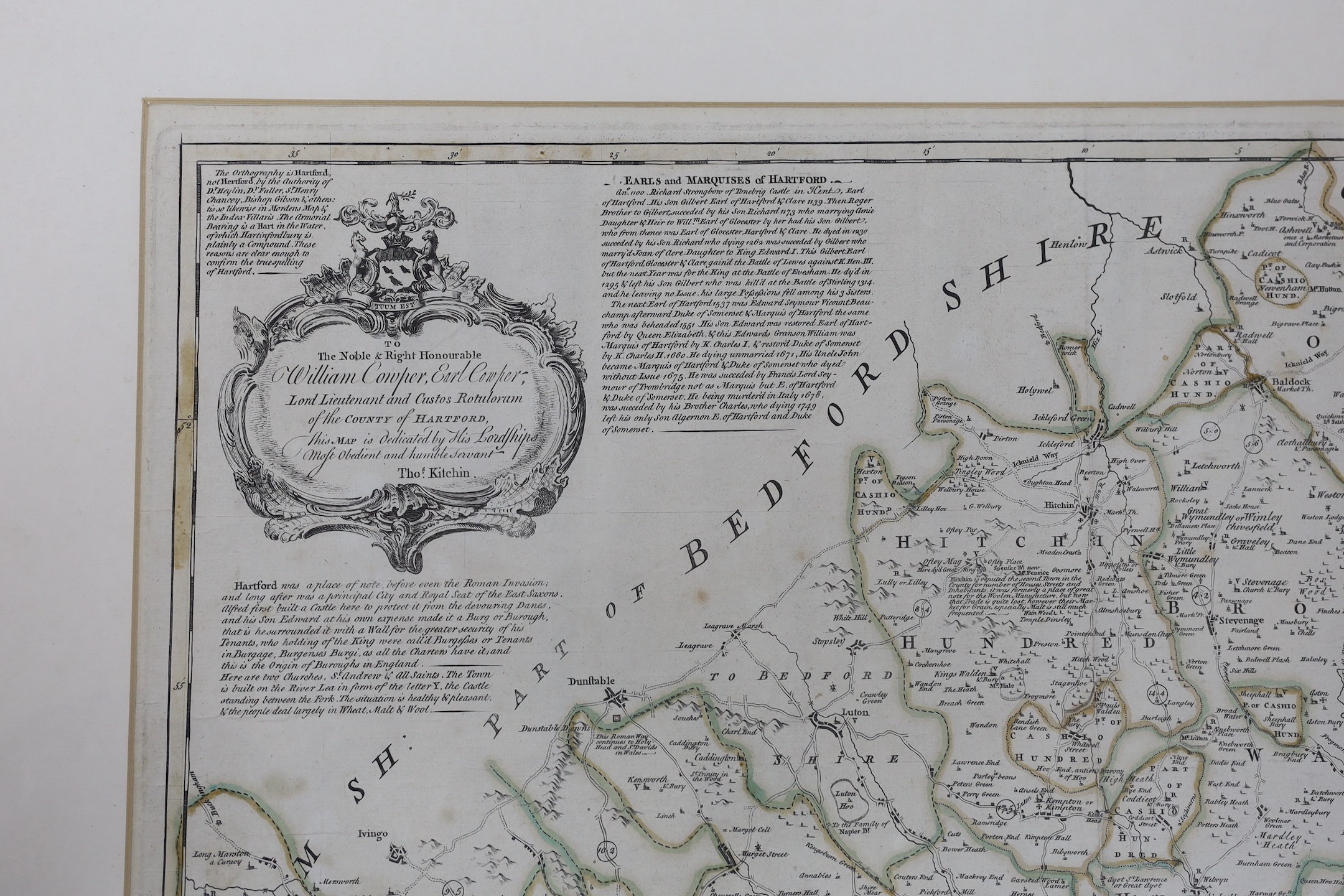 Thomas Kitchin, coloured engraving, A New and Improved Map of Hartfordshire (sic), sold by J. Hinton, London, 1749, 55 x 67cm